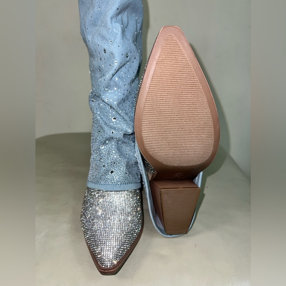 Madden Girl Rhinestone Western Slouch Boots – Light Blue Denim – NWT